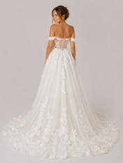Elegant Off-the-Shoulder Lace Appliquéd Tulle A-Line Wedding Dress with Chapel Train