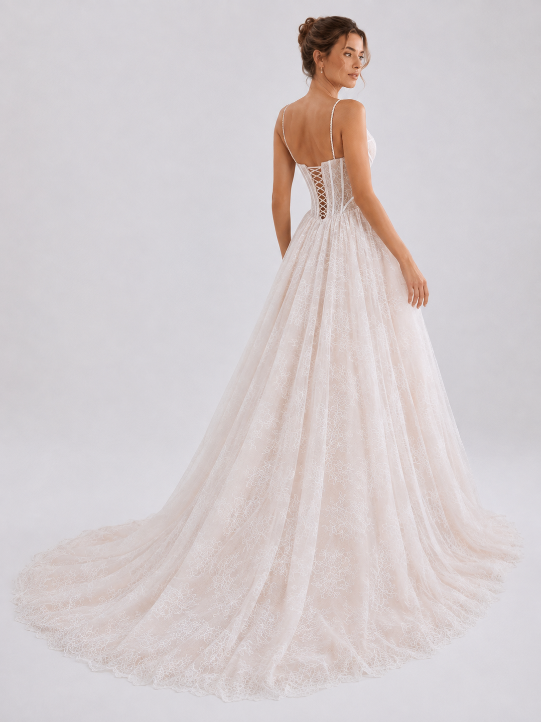 Elegant Spaghetti Strap Corset Lace A-Line Wedding Dress with Chapel Train