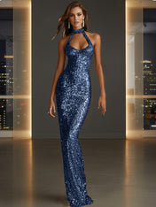 Glamorous Gold Sequin Halter Neck Mermaid Long Prom Dress