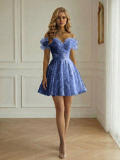Off-the-Shoulder Lace-Up Back Iridescent Tulle Party Dress Homecoming Dress