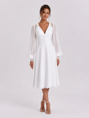 Elegant Long Bishop Sleeve V-Neck Chiffon A-Line Midi Wedding Dress