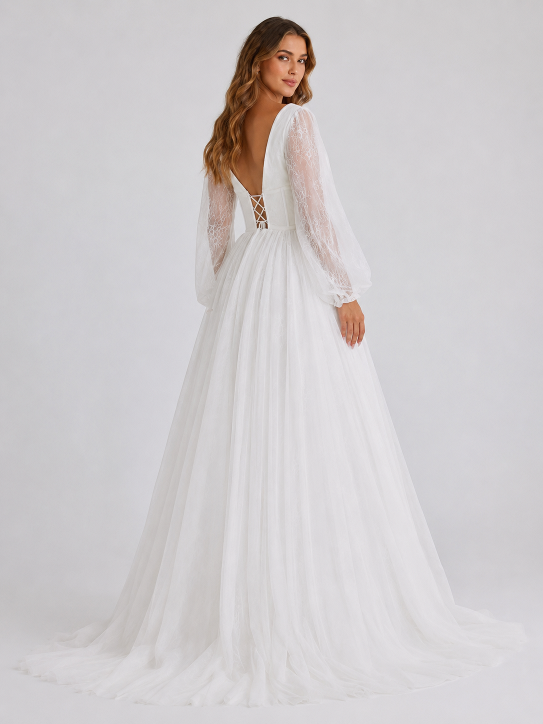 Elegant V-Neck Corset Tulle A-Line Wedding Dress with Long Bishop Sleeves and Chapel Train