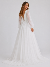 Elegant V-Neck Corset Tulle A-Line Wedding Dress with Long Bishop Sleeves and Chapel Train
