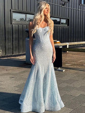 Light Blue Mermaid Spaghetti Straps Long Prom Dress with Beading