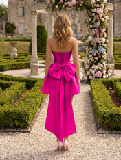 Architectural Blush Pink Strapless High-Low Satin Homecoming Mini Dress