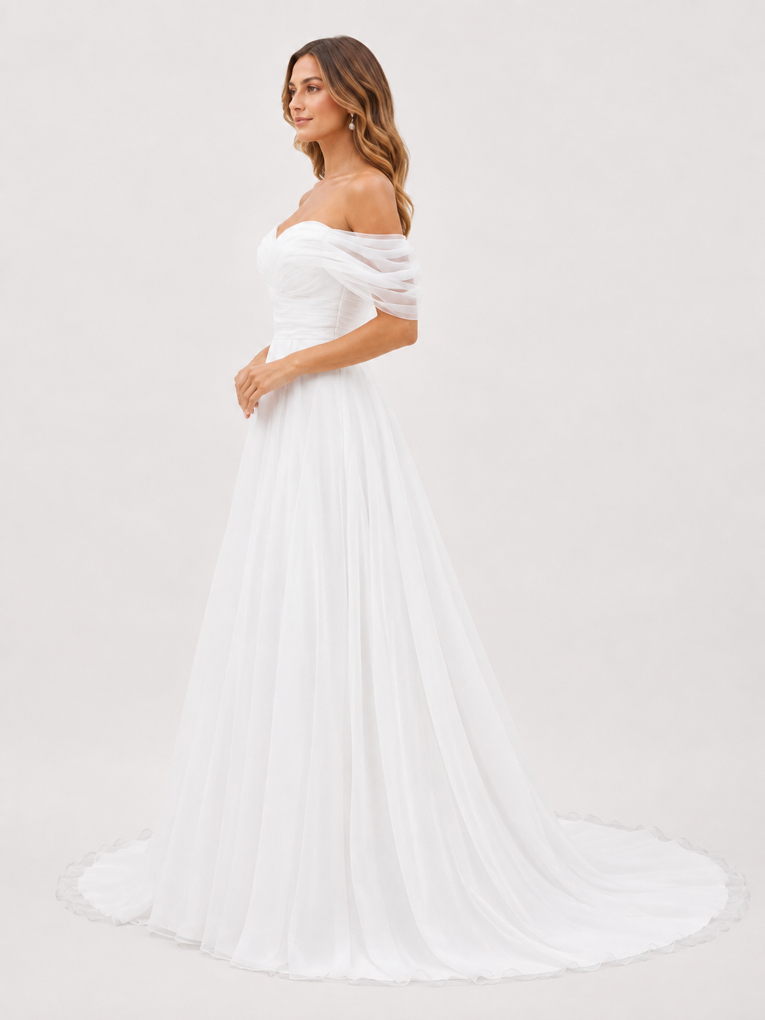 Elegant Off-the-Shoulder Ruched Tulle A-Line Wedding Dress with Chapel Train