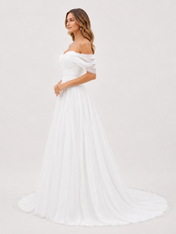 Elegant Off-the-Shoulder Ruched Tulle A-Line Wedding Dress with Chapel Train