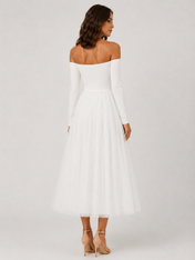 Elegantly Chic Off-the-Shoulder Long-Sleeve Tulle A-Line Midi Wedding Dress