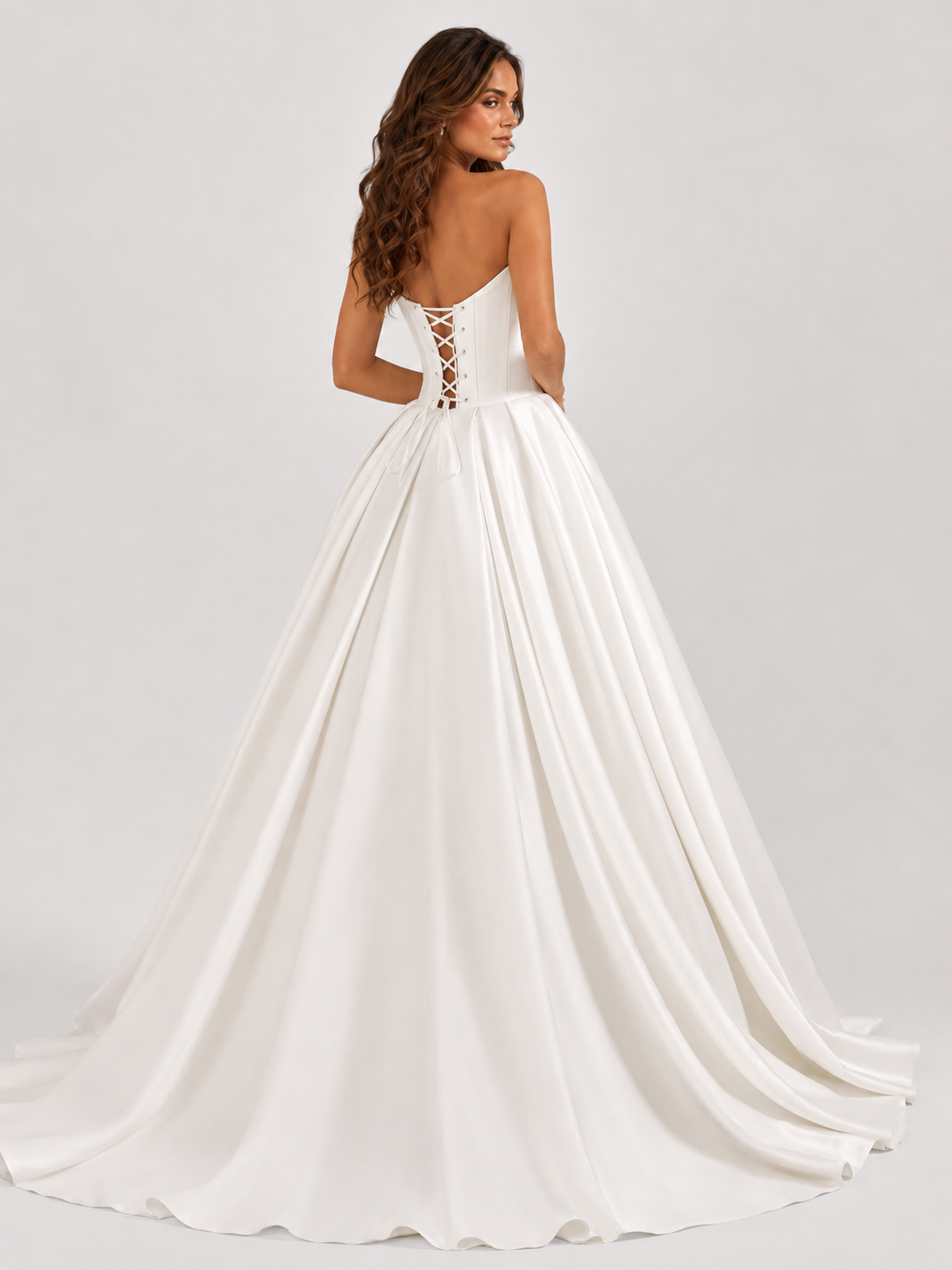 Elegant Strapless Draped Satin A-Line Wedding Dress with Lace-Up Back and Chapel Train
