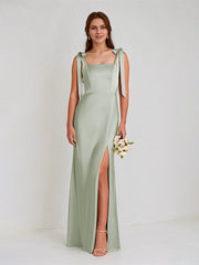 Sage Satin Spaghetti Straps Sleeveless Floor Length Dress With High Slit