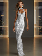 Glamorous Gold Sequin Halter Neck Mermaid Long Prom Dress