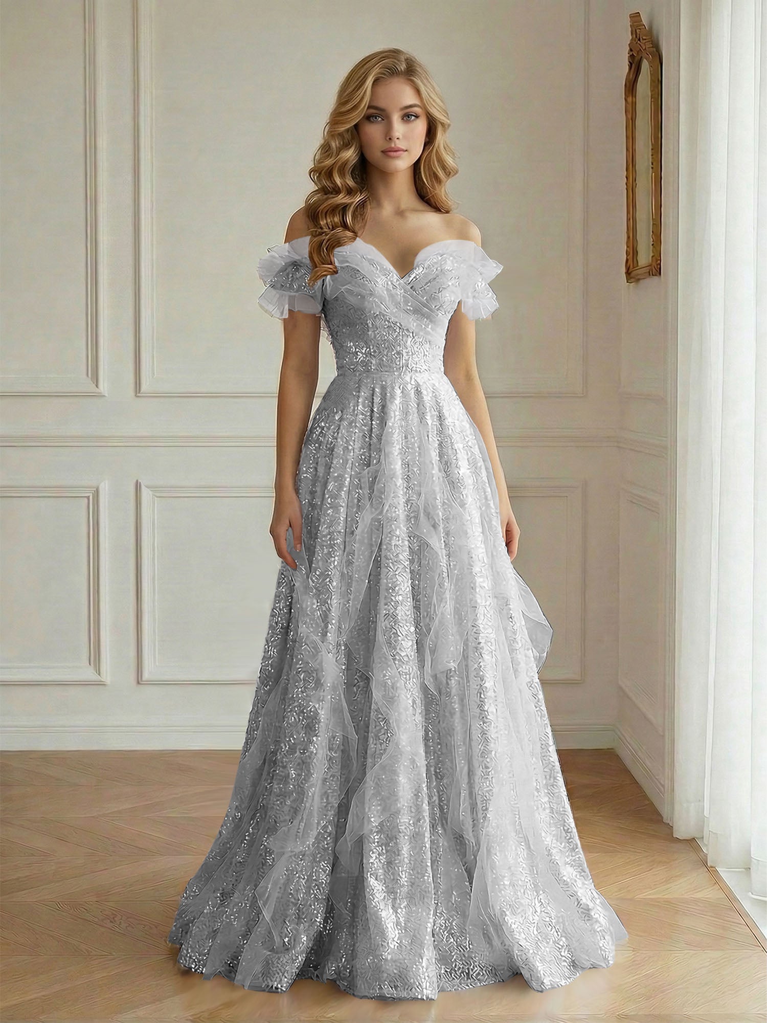 Off-the-Shoulder Sequin Tulle A-Line Gown with Ruffle Accents Prom Dress