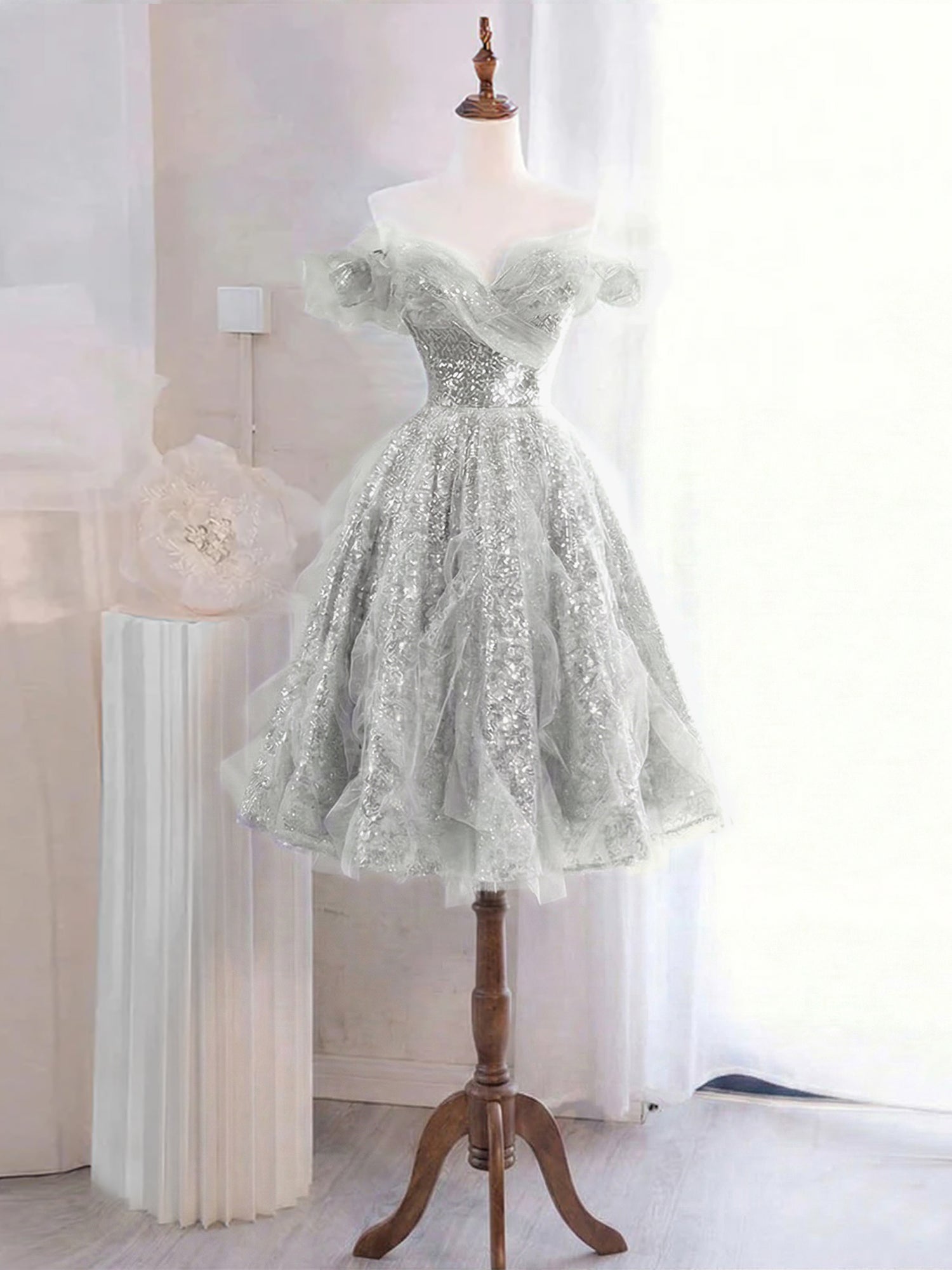 Whimsical Lavender Glitter Tulle Off-the-Shoulder Mini Homecoming Dress