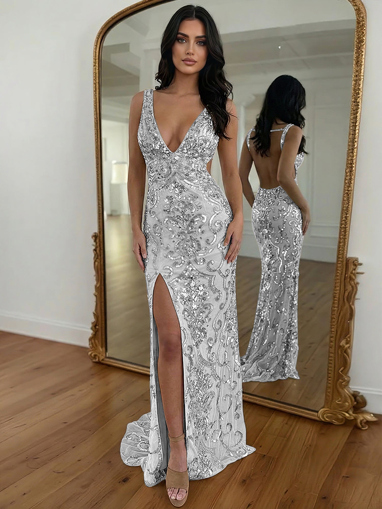 Gold Sequin V-Neck Open Back Mermaid Prom Dress with High Slit