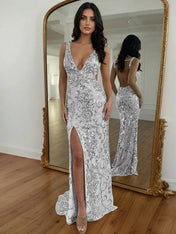 Gold Sequin V-Neck Open Back Mermaid Prom Dress with High Slit