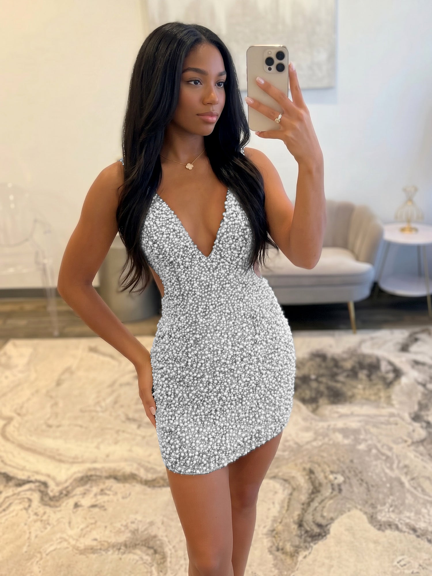 White V Neck Pearl Embellished Short Homecoming Dresses