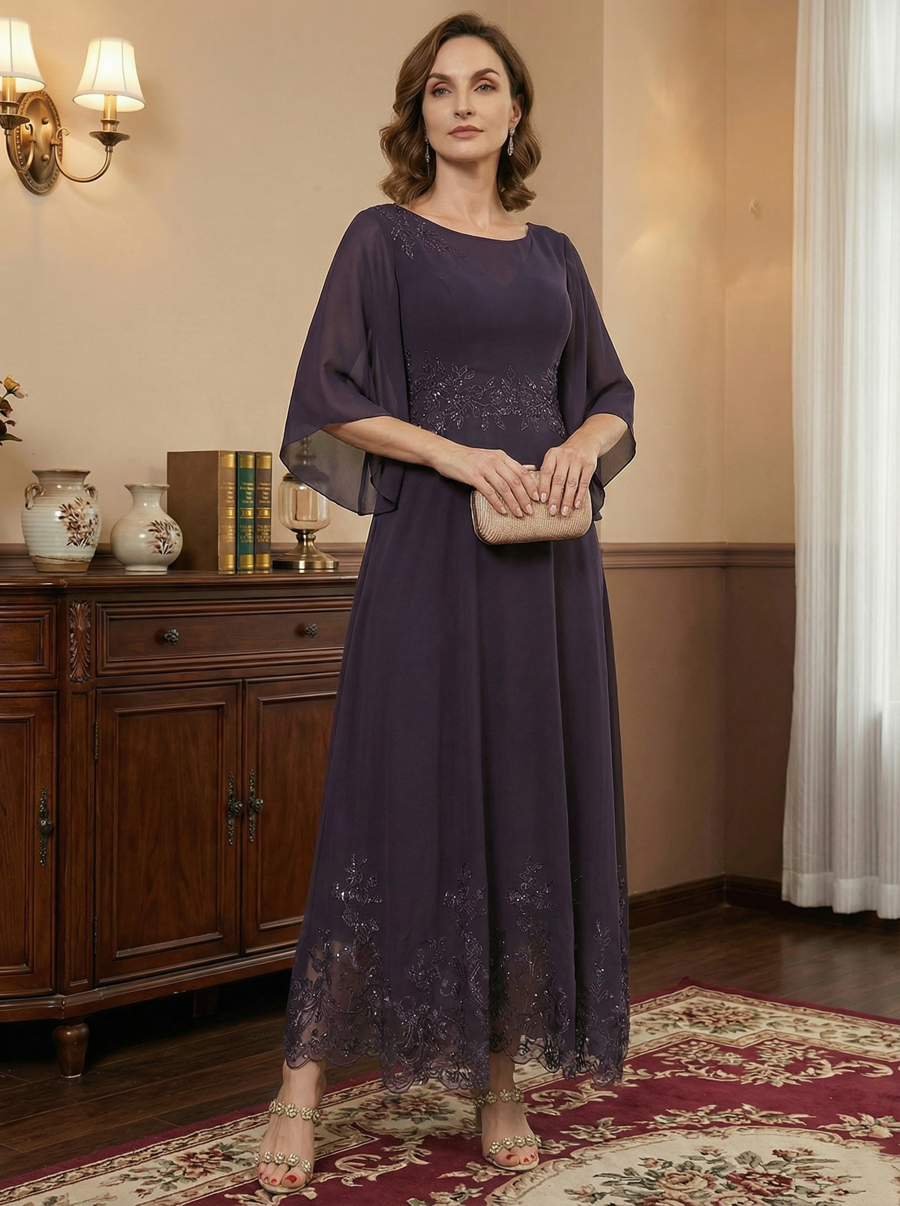 A-line Scoop Illusion Ankle-Length Lace Chiffon Mother of the Bride Dress With Sequins