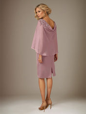 Mauve Sheath/Column Chiffon Bateau Neck Cape Sleeves Knee Length Dress