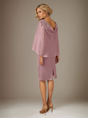 Mauve Sheath/Column Chiffon Bateau Neck Cape Sleeves Knee Length Dress With