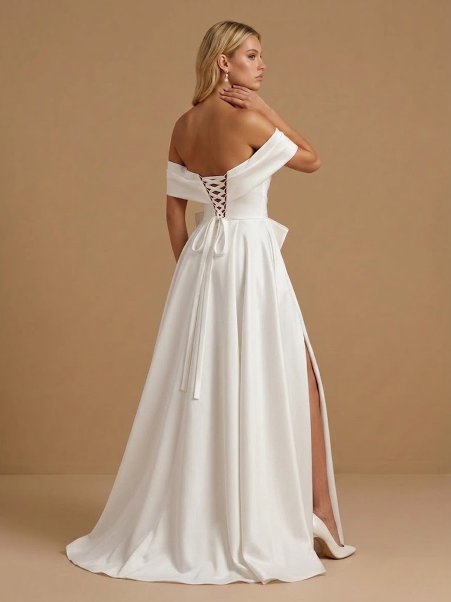 Off the Shoulder High Slit Satin A Line Bridal Gown with Bow