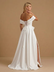 Off the Shoulder High Slit Satin A Line Bridal Gown with Bow