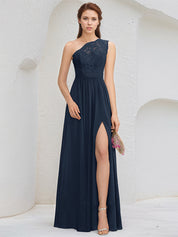 Dark Navy A-Line One Shoulder Floor-Length Lace Chiffon Bridesmaid Dress