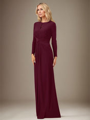 A Line Cabernet Stretch Crepe Scoop Neck Long Sleeves Floor Length Dress
