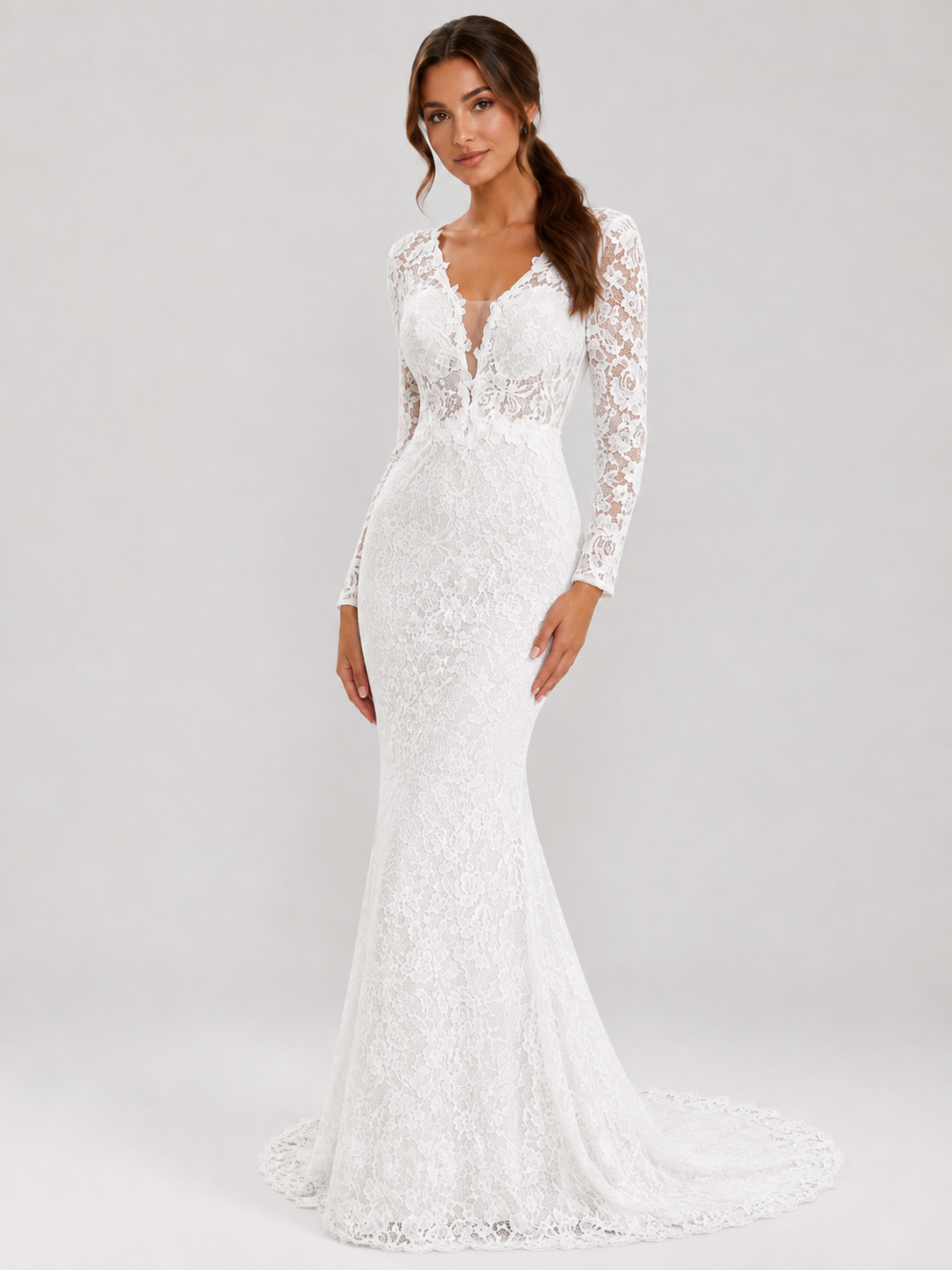 Elegant Long-Sleeve Illusion V-Neck Lace Mermaid Wedding Dress with Sweep Train