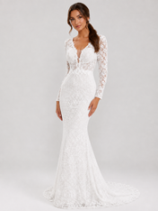 Elegant Long-Sleeve Illusion V-Neck Lace Mermaid Wedding Dress with Sweep Train