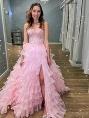 Pink Strapless Tiered Ruffles Lace Appliqués Corset Prom Dress with Slit