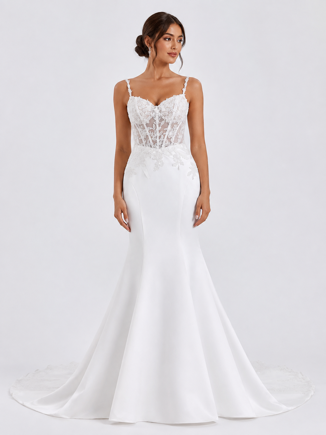 Elegant Sweetheart Lace-Applique Satin Mermaid Wedding Dress with Chapel Train