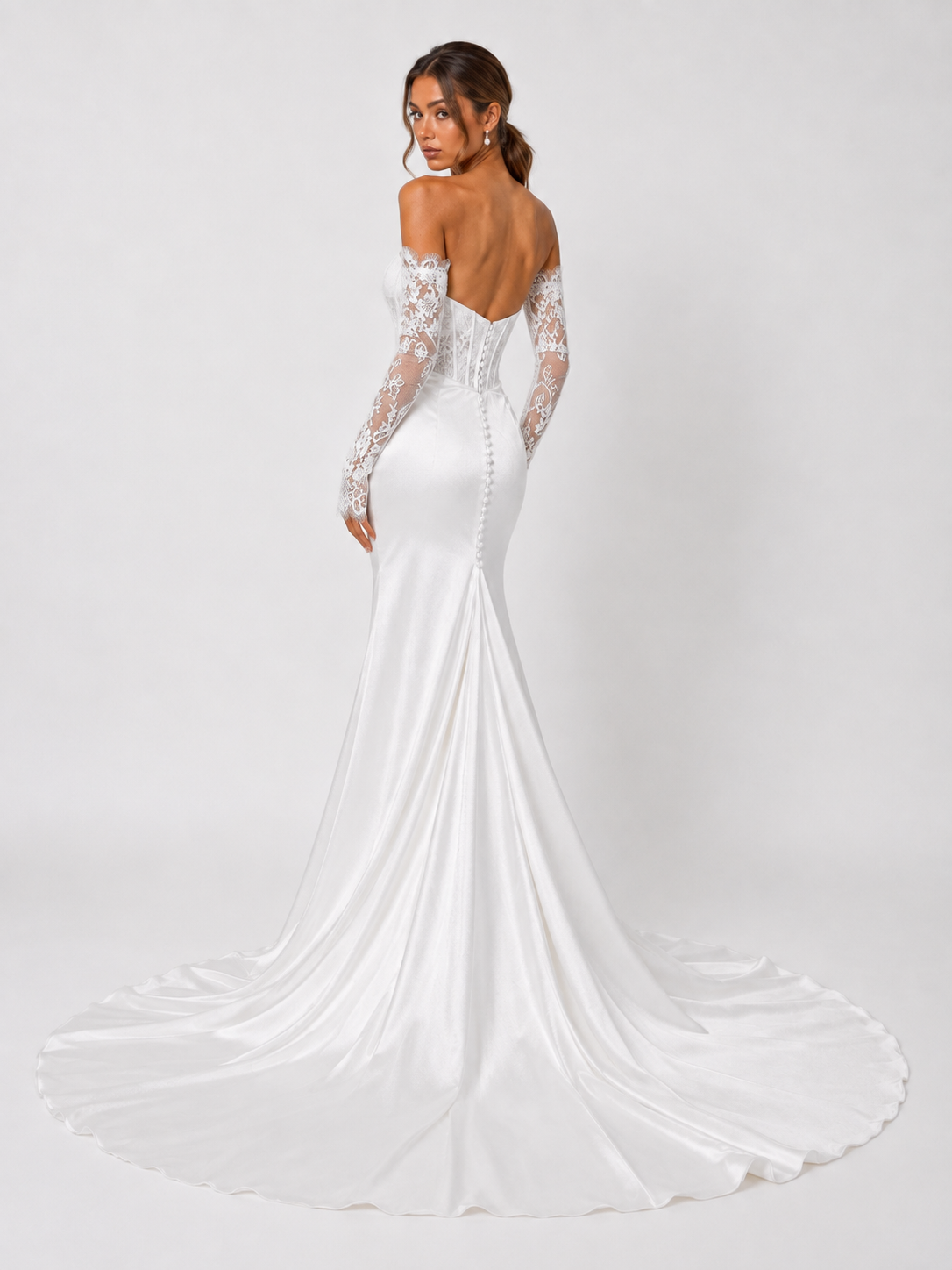 Elegant Off-the-Shoulder Lace Corset Satin Mermaid Wedding Dress with Detachable Sleeves and Chapel Train