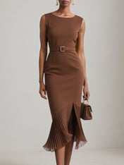 Brown Pleated Slit Classic Boat Neck Sleeveless Mermaid Midi Dress