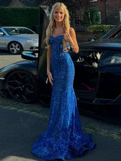 Light Blue Mermaid Spaghetti Straps Long Prom Dress with Beading