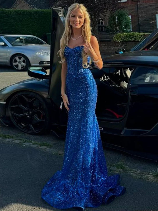 Light Blue Mermaid Spaghetti Straps Long Prom Dress with Beading