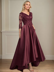 A-line V-Neck Asymmetrical Satin Lace Mother of the Bride Dress With Sequins