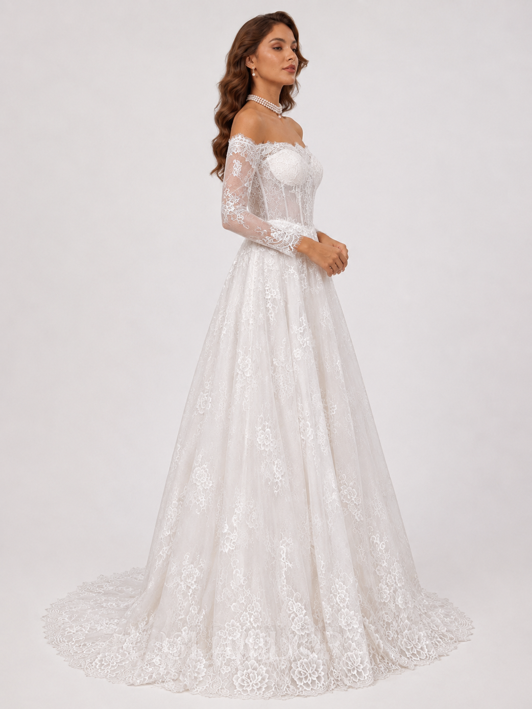 Elegant Off-the-Shoulder Corset Lace A-Line Wedding Dress with Chapel Train