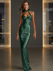 Glamorous Gold Sequin Halter Neck Mermaid Long Prom Dress