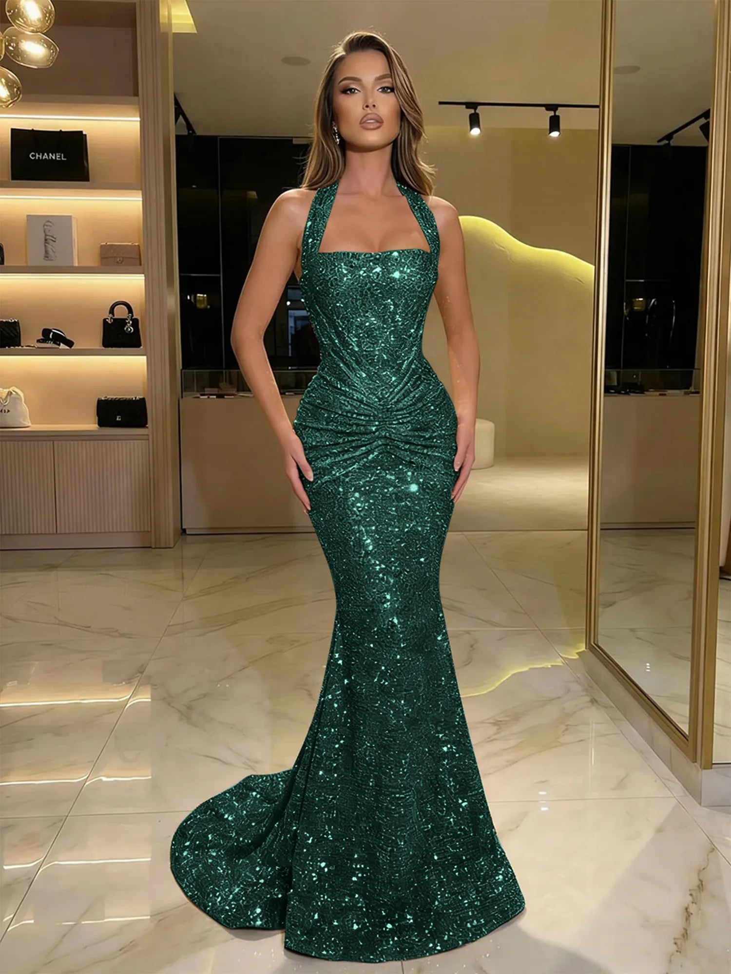 Gold Sequin Halter Mermaid Prom Dress with Ruched Waist