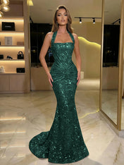 Gold Sequin Halter Mermaid Prom Dress with Ruched Waist