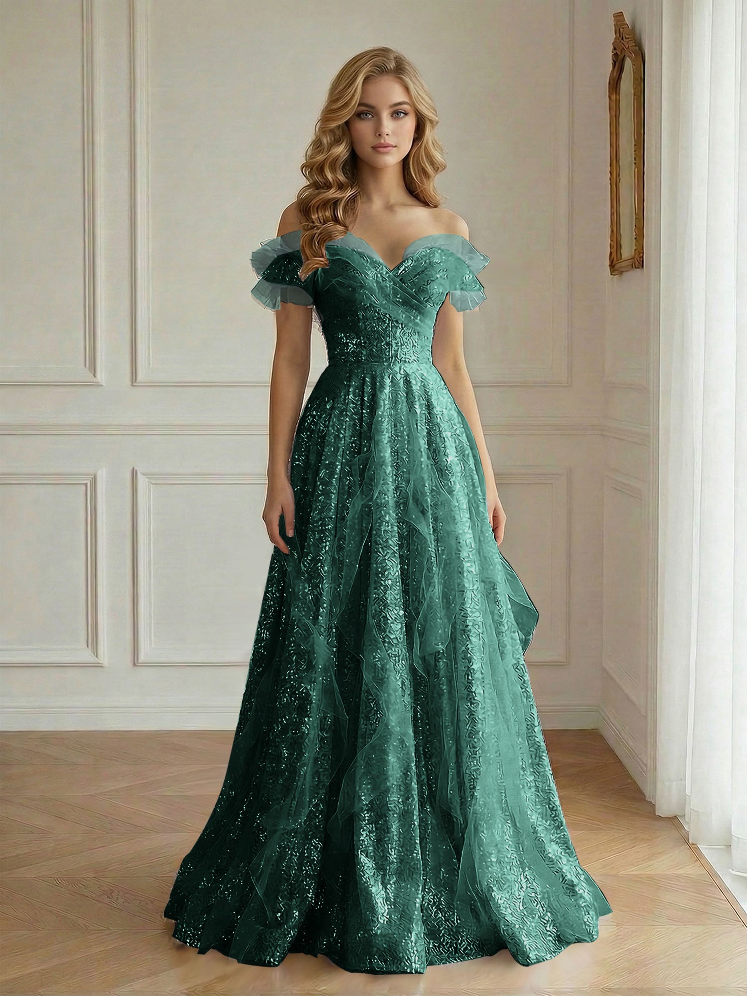 Off-the-Shoulder Sequin Tulle A-Line Gown with Ruffle Accents Prom Dress