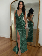 Gold Sequin V-Neck Open Back Mermaid Prom Dress with High Slit