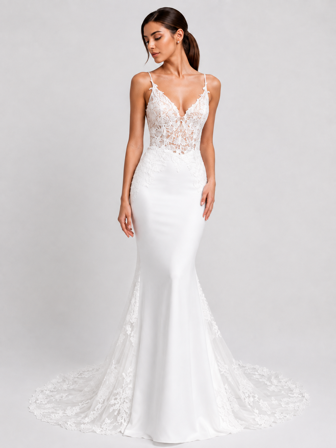 Elegant V-Neck Lace Applique Satin Mermaid Wedding Dress with Sweep Train