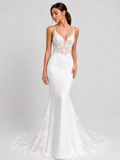 Elegant V-Neck Lace Applique Satin Mermaid Wedding Dress with Sweep Train