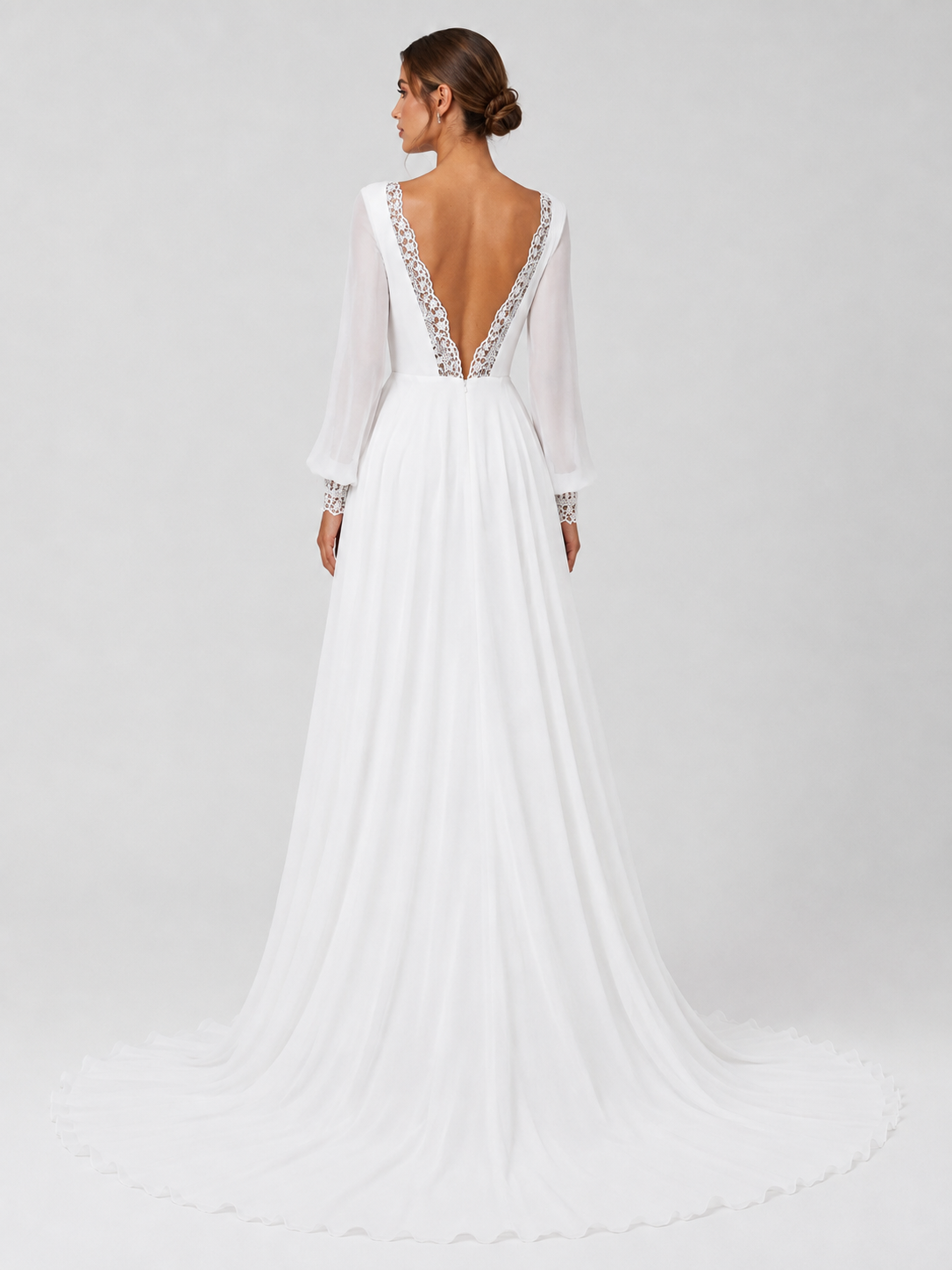 Elegant Boat Neck Long Sleeve Chiffon A-Line Wedding Dress with Lace Trimmed V-Back and Chapel Train