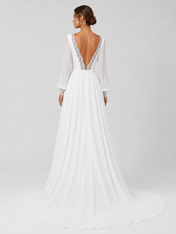 Elegant Boat Neck Long Sleeve Chiffon A-Line Wedding Dress with Lace Trimmed V-Back and Chapel Train