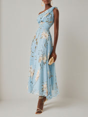 Light Blue Floral Ruched Chiffon One Shoulder Sleeveless A Line Maxi Dress