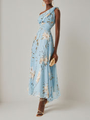 Light Blue Floral Ruched Chiffon One Shoulder Sleeveless A Line Maxi Dress