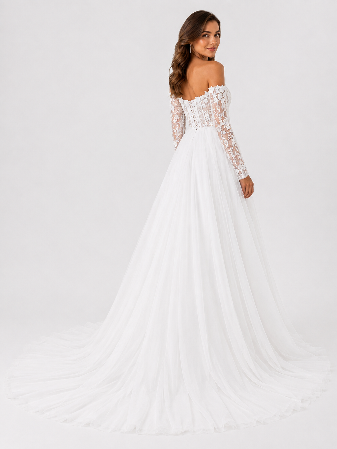 Elegant Off-the-Shoulder Lace Applique Tulle A-Line Wedding Dress with Chapel Train