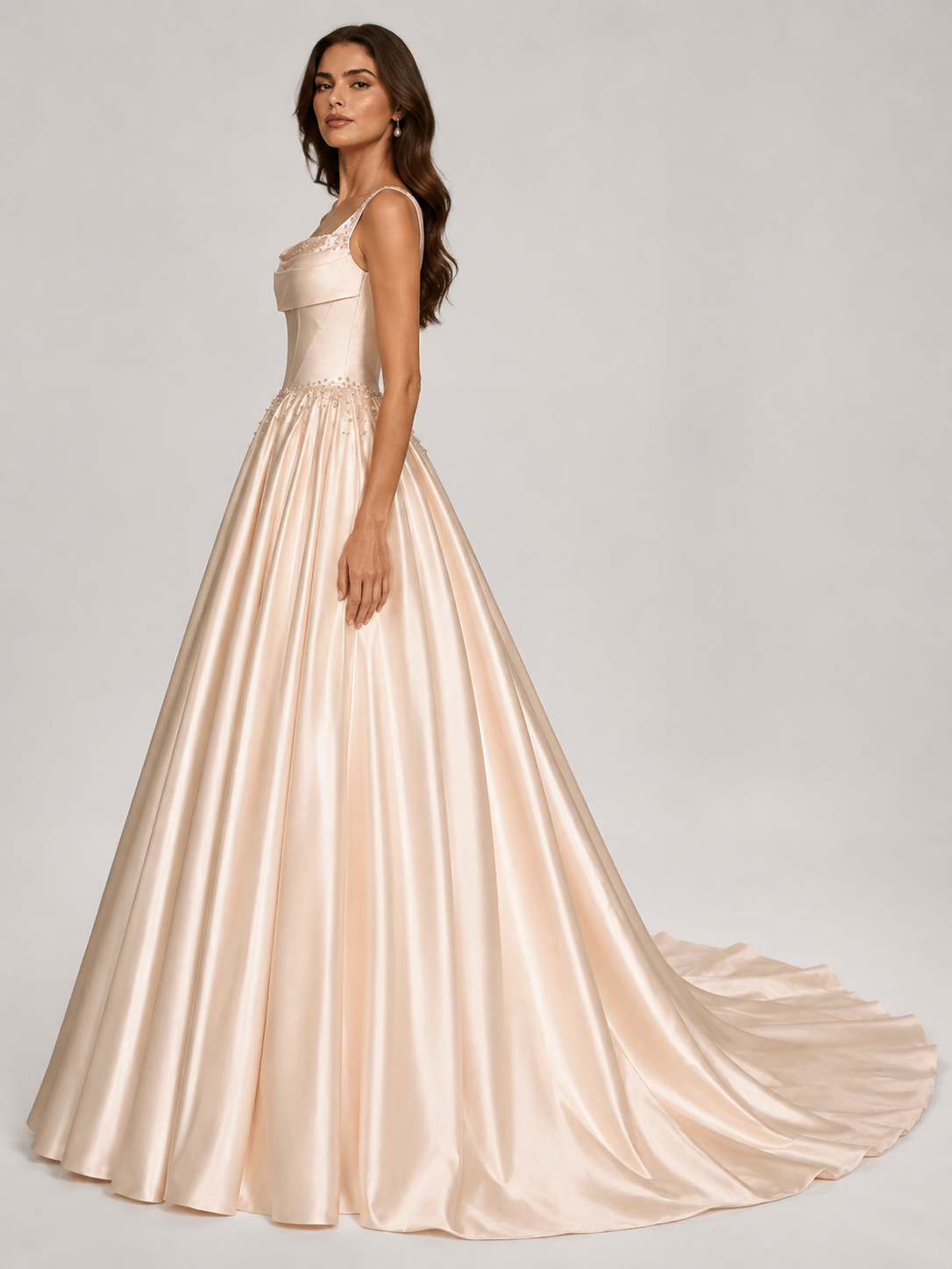 Elegant Beaded Cowl Neck Satin A-Line Wedding Dress with Chapel Train